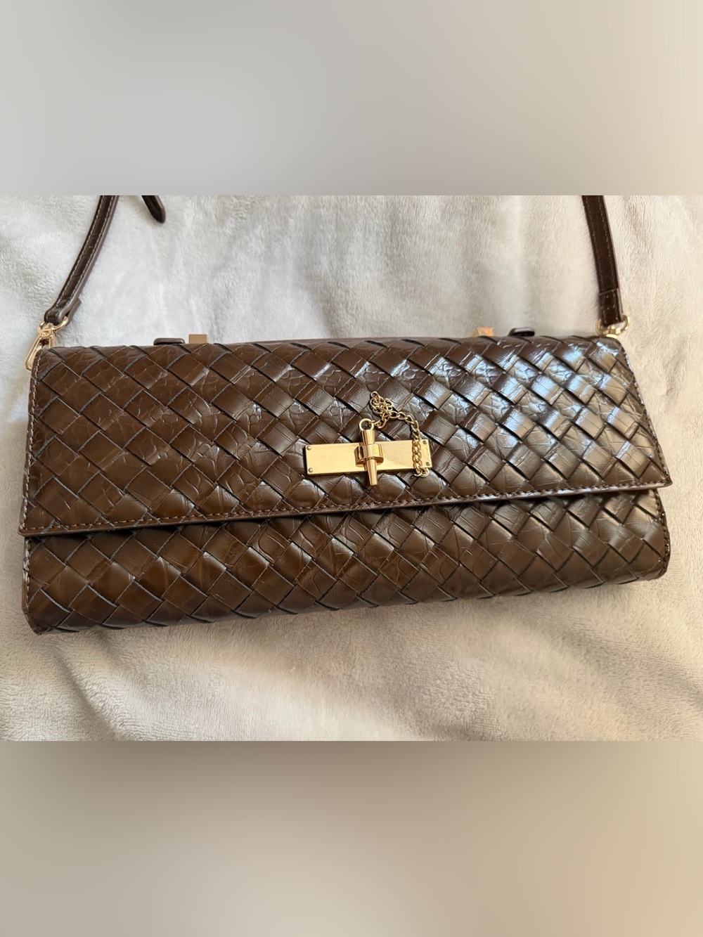 Aldo Brown Woven Leather Clutch with Gold-Tone Turn Lock